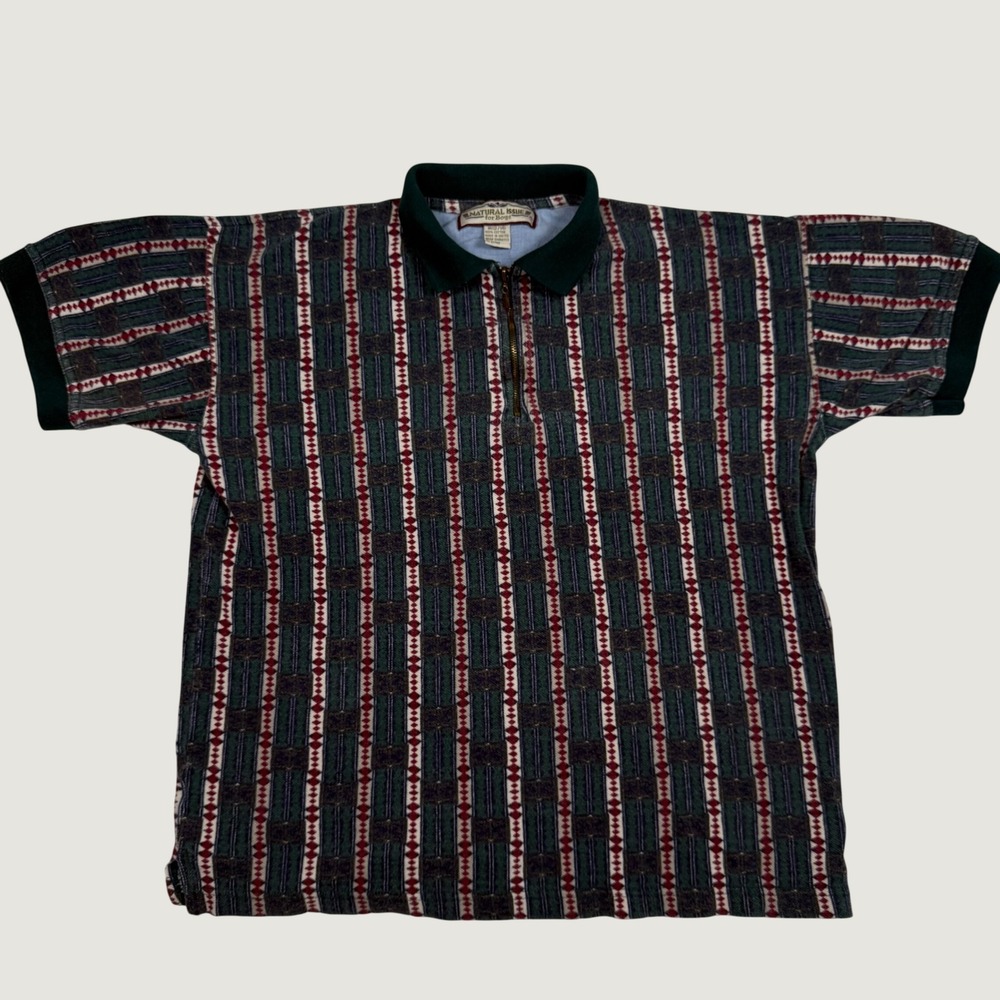 Vintage Boys Green Geometric Diamond Quarter Zip Polo Shirt Size Medium 12/14